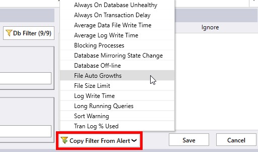 alert database filter copy