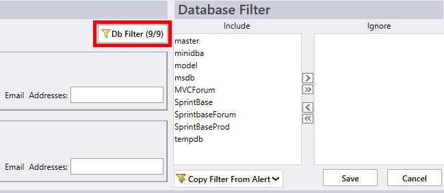 alert database filter