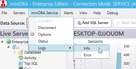 miniDBA Server log menu