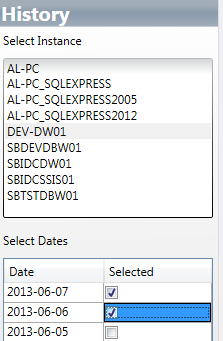 SQL Server history viewer selection