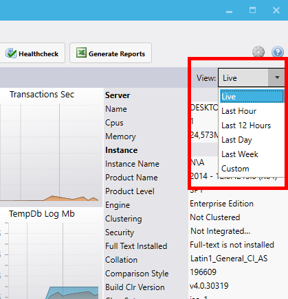 SQL Server performance history menu