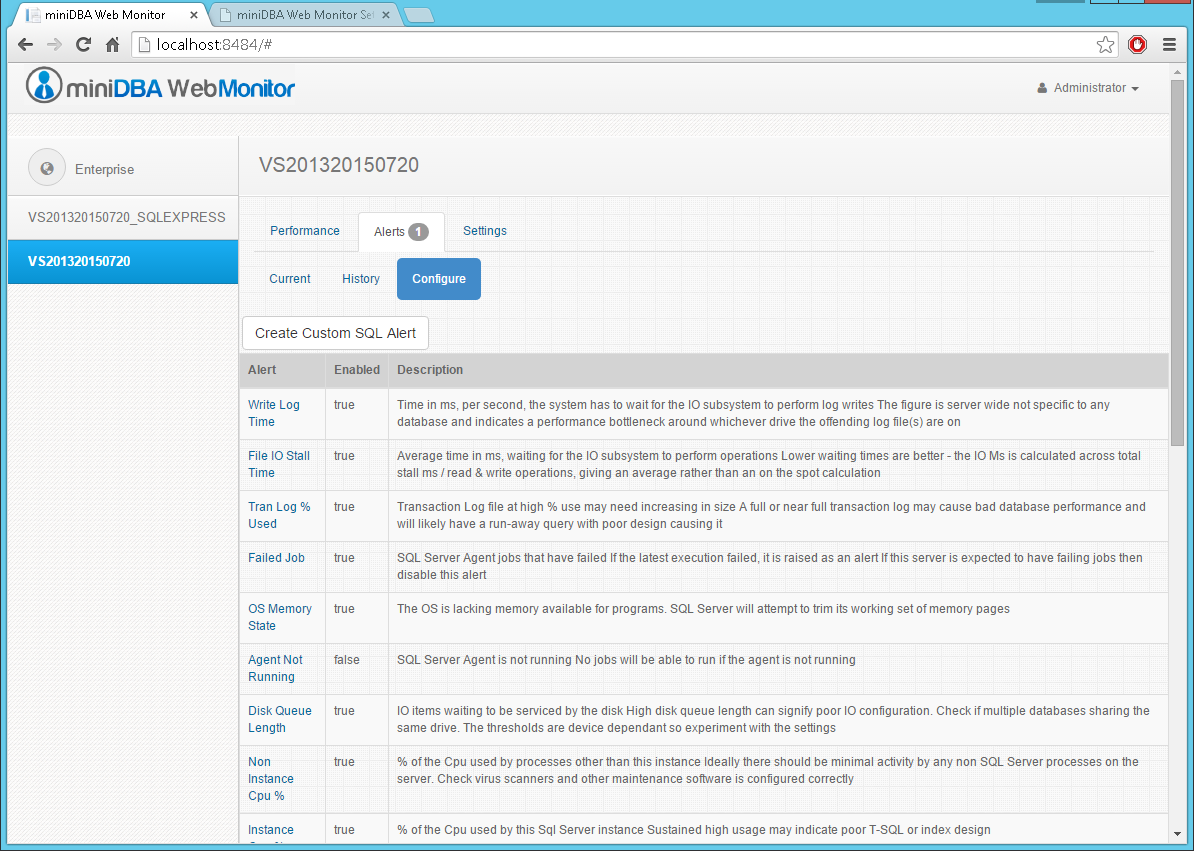 miniDBA Web Monitor configure alerts