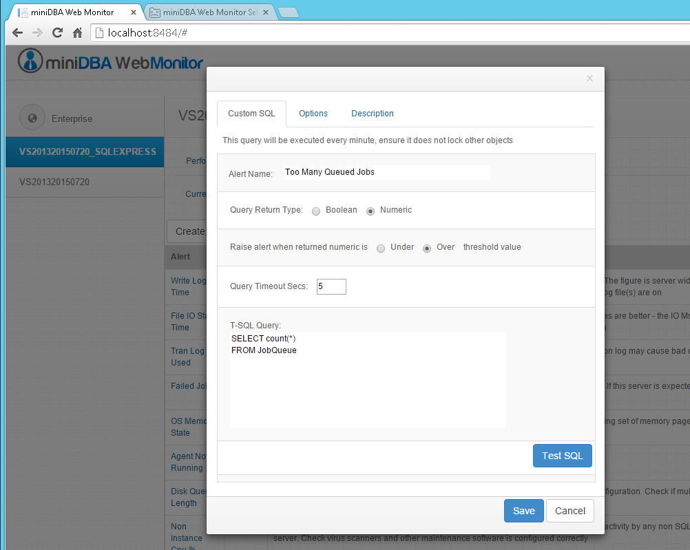 miniDBA Web Monitor custom sql alert